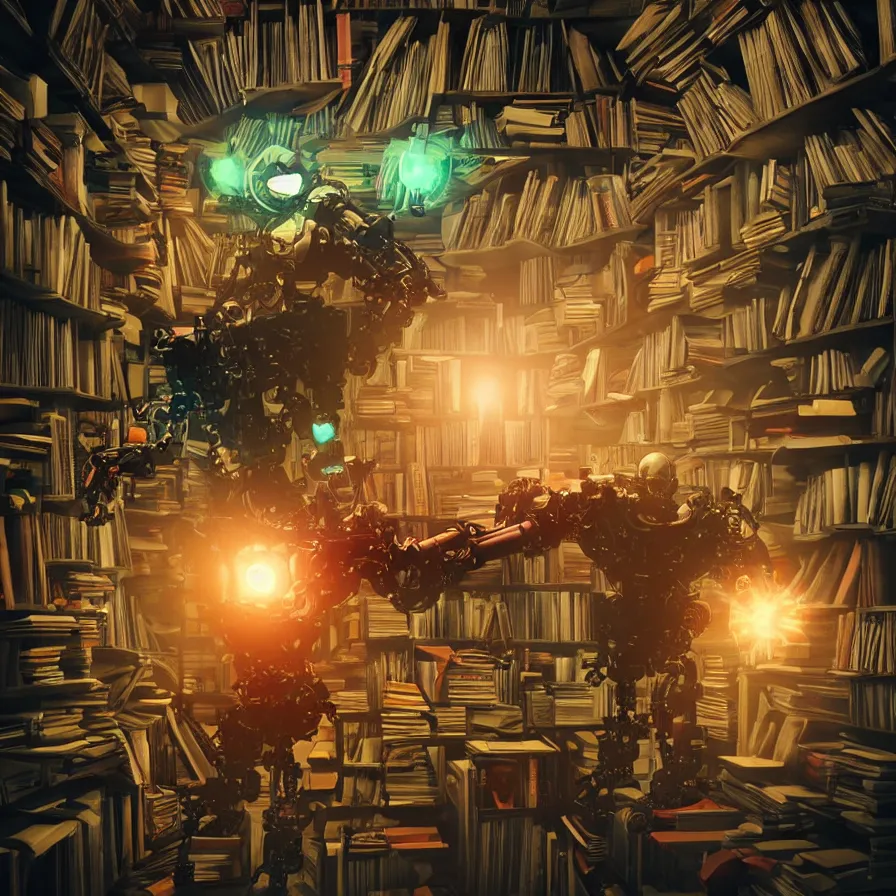 Image similar to A frightening multi armed evil robot devouring books with pipes and tubes and pages floating down, hyperealistic very colourful hdr cinematic lighting cgi render photorealistic cinematic octane render