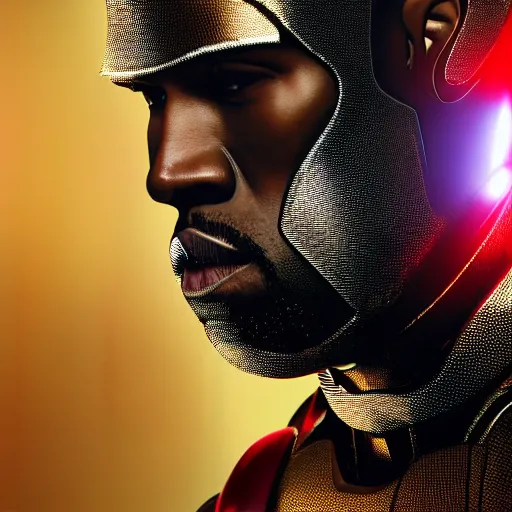 Image similar to Portrait of Kanye West in a Ironman-suit, splash art, movie still, cinematic lighting, dramatic, octane render, long lens, shallow depth of field, bokeh, anamorphic lens flare, 8k, hyper detailed, 35mm film grain