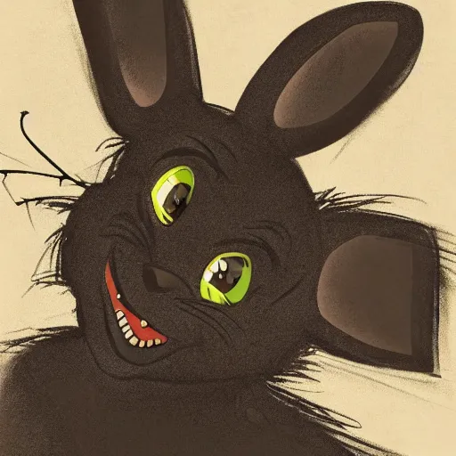 Image similar to A extremely highly detailed majestic hi-res beautiful, highly detailed head and shoulders portrait of a scary terrifying, horrifying, creepy black cartoon rabbit with scary big eyes, earing a shirt laughing, hey buddy, let's be friends, in the art style of Walt Disney