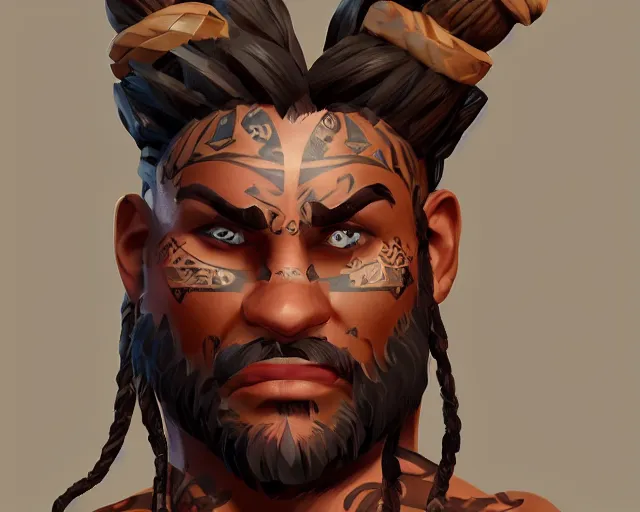 Prompt: sea of thieves character portrait concept art for a muscular tribal native man with polynesian tattoos on his face and a nose ring, cgsociety, trending on artstation, rare ltd,