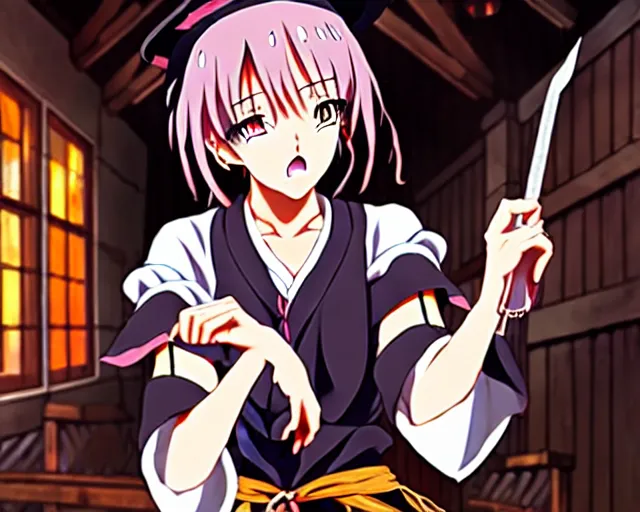 Image similar to key anime visual portrait of a young female witch in a tavern interior defending a companion, dynamic pose, dynamic perspective, cinematic, dramatic lighting.