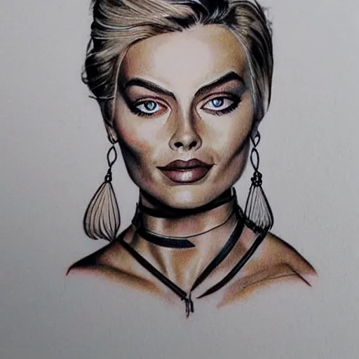 Image similar to face morph tattoo design sketch of margot robbie blended with beautiful mountain scenery, in the style of chris mataafa, amazing detail