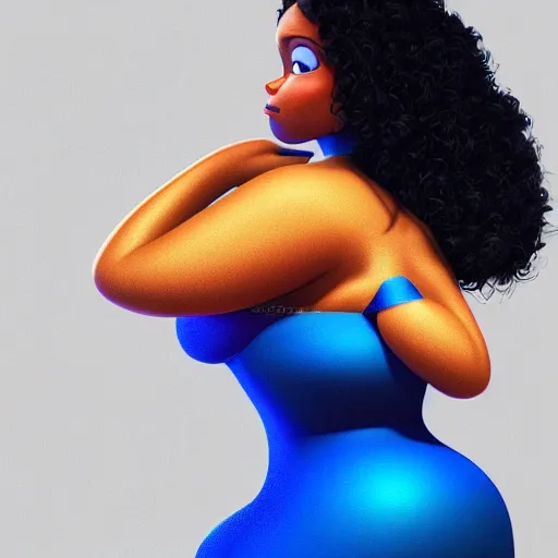 Prompt: detailed 3d render of a voluptuous beautiful black curvaceous model, studio lighting, blue background, in the style of pixar, highly detailed, sharp focus, bokeh, depth of field, 16k resolution, Unreal Engine 5, coherent, cinematic lighting, beautiful painting