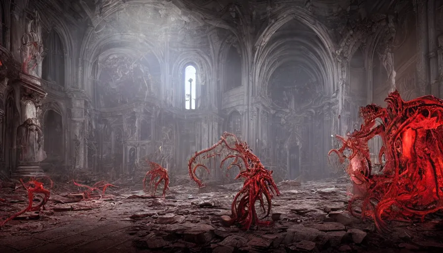 Image similar to biomechanical demons battle astaroth lovecraftian monsters in an abandoned church in the vatican, 8 k, soft lighting, hdr, octane render, cinematic, red fluid on walls of the church, smoke, yasushi nirasawa style photorealistic, bokeh
