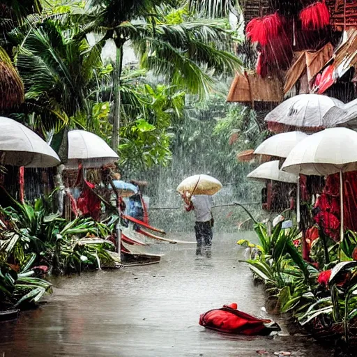 Image similar to monsoon on tropical island, attractive oriental native in white, frontal, ornate, beautiful, atmosphere, vibe, mist, coconuts, rain, wet, pristine, puddles, melting, dripping, snow, creek, lush, ice, bridge, forest, roses, flowers, concept art, luis rollo, ruan jia, steve mccurry, john berkey