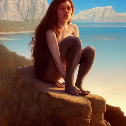 Image similar to a painting of a woman sitting on a cliff, a character portrait by clyde caldwell and tom bagshaw, cg society, fantastic realism, official art, 1 9 9 0 s, academic art