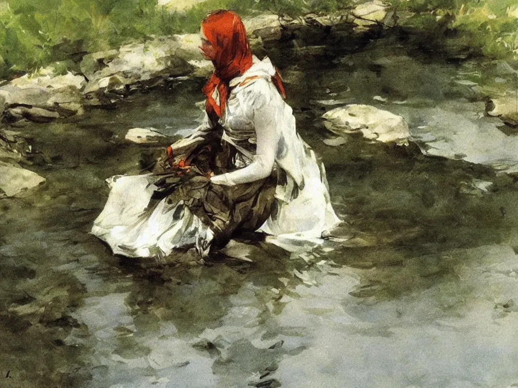 Prompt: Woman in the river. Painting by Anders Zorn