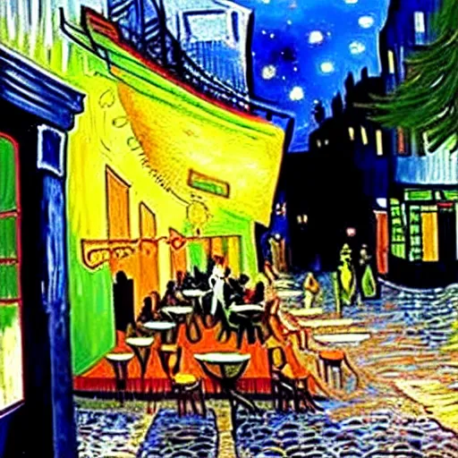 Image similar to Photo of Cafe Terrace at night by Vincent Van Gogh