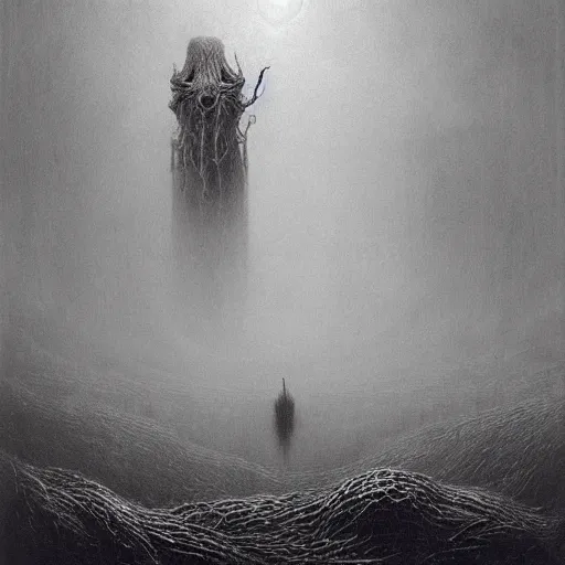 Image similar to dark atmosphere foggy landscape with a strange monster legs like a spider in The back dramatic lighting horror Beksinski