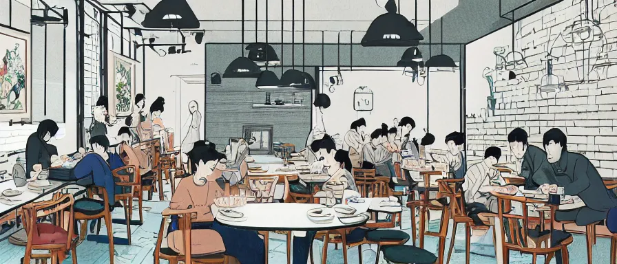 Image similar to a beautiful interior view illustration of a small roasted string hotpot restaurant in yan'an city, restaurant wall paper is a tower on a mountain, rectangle white porcelain table, people are eating, black chair, animation illustrative style, from china, simple style structure decoration design, victo ngai, james jean, 4 k hd