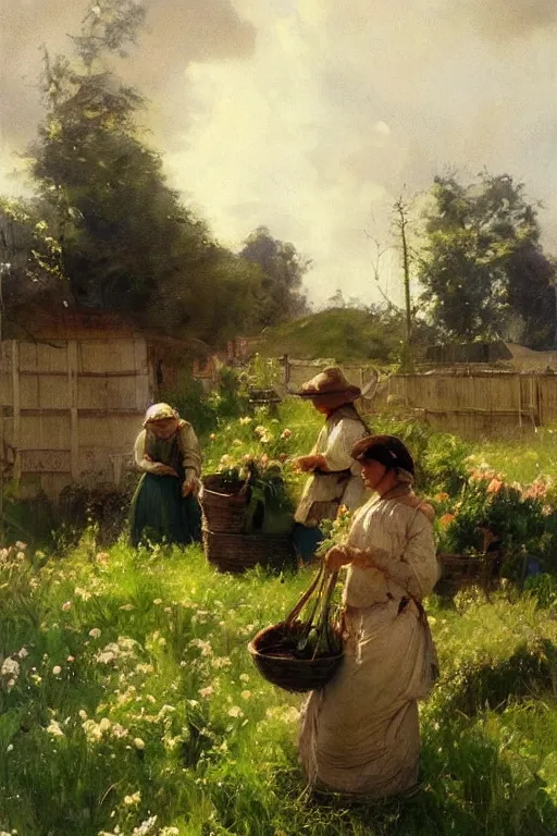 Prompt: simple amish farmers tending to their cottage vegetable gardens, art by anders zorn, wonderful masterpiece by greg rutkowski, beautiful cinematic light, american romanticism thomas lawrence, greg rutkowski