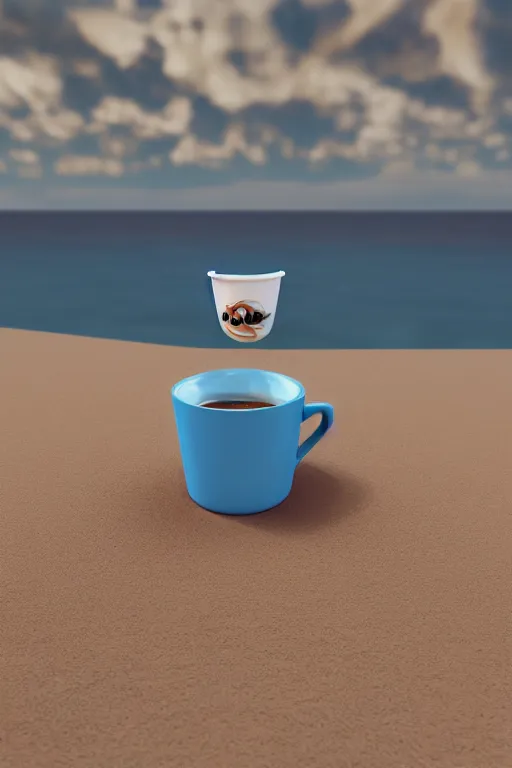 Image similar to Seagull Pixar character and a cup of coffee in the beach, Up movie style, 3d render