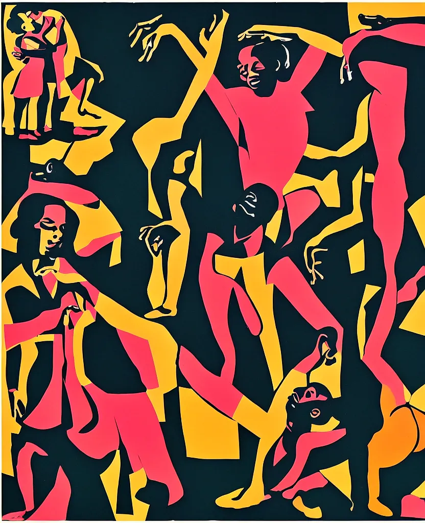 Image similar to a collage of a man and a woman dancing, a poster by robert colescott, behance, black arts movement, poster art, concert poster, artwork