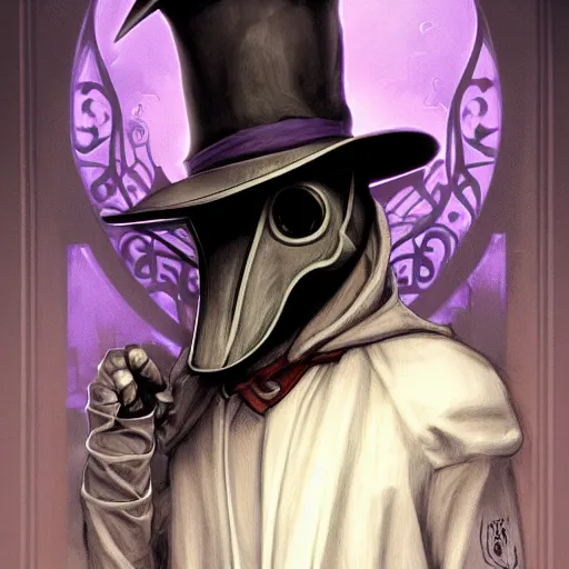 Image similar to mediaeval plague doctor wearing a top hat with a purple ribbon, intricate, epic, highly detailed, digital painting, artstation, concept art, smooth, sharp focus, illustration, unreal engine 5, 8 k, art by artgerm and greg rutkowski and alphonse mucha