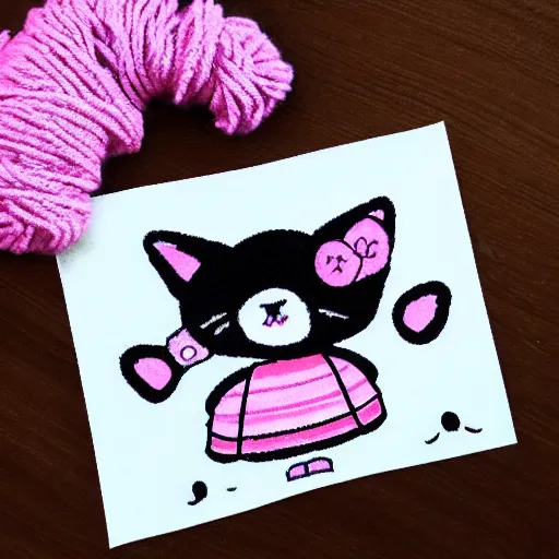 Prompt: Coloring page of kawaii kitten knitting