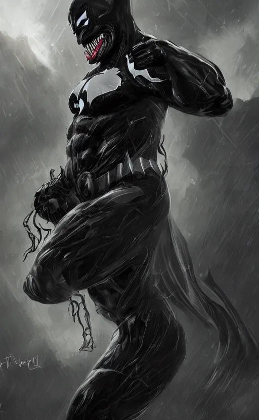 Image similar to venom as batman, dynamic lighting, photorealistic fantasy concept art, trending on art station, stunning visuals, terrifying, creative, cinematic