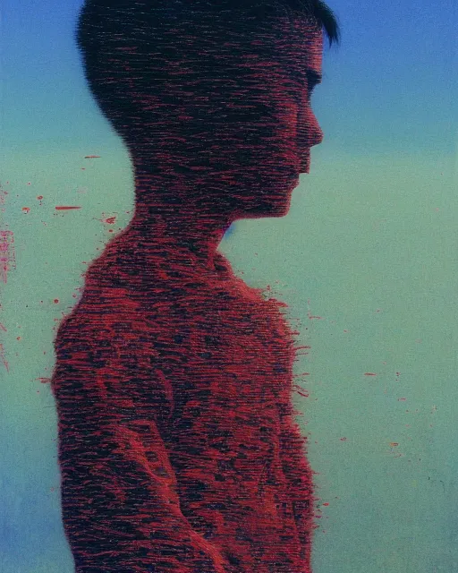 Prompt: 8k professional photo of an 8 years old boy standing in front of a computer from 90s monitor screen, Beksinski impasto painting, part by Adrian Ghenie and Gerhard Richter. art by Takato Yamamoto, masterpiece