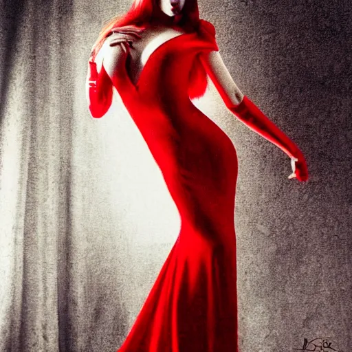 Prompt: modeling photo full body jessica rabbit in her signature red dress by luis royo, femme fatale, beautiful, dark, mysterious, detailed flawless face, dramatic darkroom lighting high exposure, head and shoulders