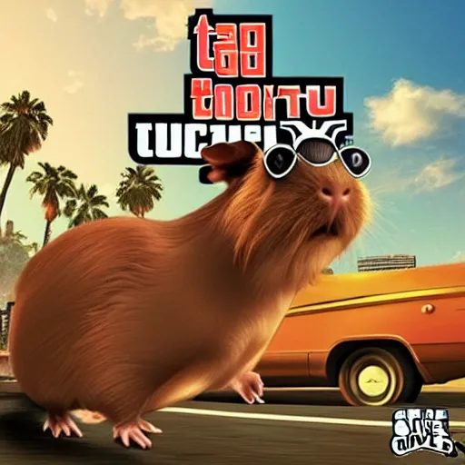 Image similar to a guinea pig in the style of gta 5 cover art