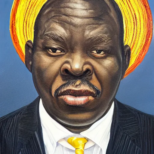 Prompt: a painting of a round face, XXL , smirky, fatherly, loving, caring, generous, ever-present, humble, wise elder from Kenya in a suit by Kehinde Wiley . Fatherly/daddy, focused, loving, leader, relaxed,. ethereal lights, details, smooth, sharp focus, illustration, realistic, cinematic, artstation, award winning, rgb , unreal engine, octane render, cinematic light, macro, depth of field, blur, red light and clouds from the back, highly detailed epic cinematic concept art CG render made in Maya, Blender and Photoshop, octane render, excellent composition, dynamic dramatic cinematic lighting, aesthetic, very inspirational, arthouse.