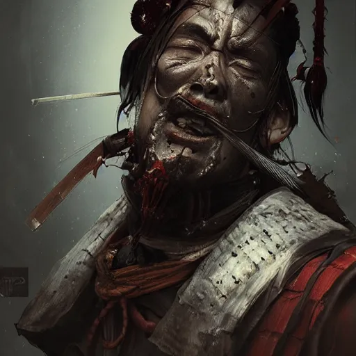 Image similar to Sickly diseased dying Samurai warrior, portrait by Cedric Peyravernay, highly detailed, excellent composition, cinematic concept art, dramatic lighting, trending on ArtStation