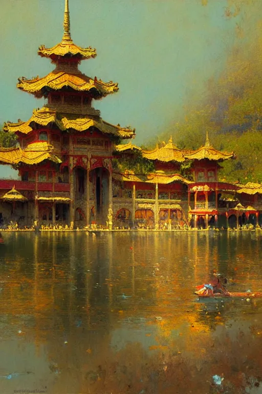 Image similar to Asian palace, painting by Gaston Bussiere, Craig Mullins