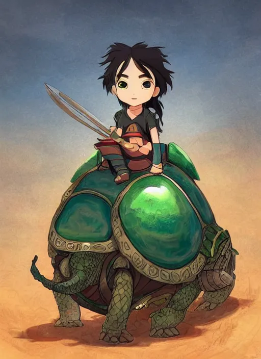 Prompt: portrait of a little warrior girl character sitting on top of a giant armored turtle in the desert, studio ghibli epic character with dark skin and beautiful green eyes, very beautiful detailed symmetrical face, long black hair, bright colors, diffuse light, dramatic landscape, fantasy illustration