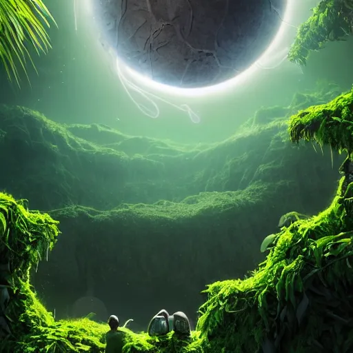 Image similar to cinema 4D cinematic render, utopian jungle in space , Galaxy in the sky, a detailed zoned in human anatomy veins, nature, heavy green, dramatic lens flares,far view apes hanging from vines, a evil dark sun , depth field, unreal engine, sharp, incredible detail, professional composition, quality digital art, 4k, 4k concept art and hyper realism