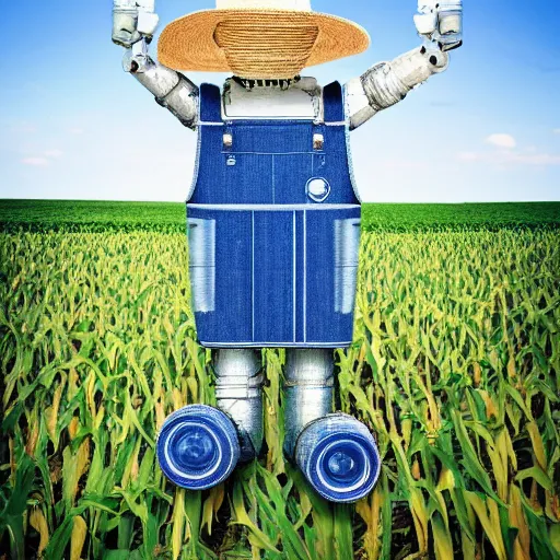 Prompt: a photo of farming droid wearing a straw hat blue overalls in the corn field, robots, humanoid, chappie, farming, photorealistic, 8 k