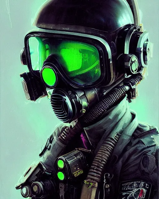 Prompt: detailed portrait neon female swat officer flying a fighter jet, cyberpunk futuristic, neon, gas mask, reflective puffy coat, decorated with traditional japanese by ismail inceoglu dragan bibin hans thoma greg rutkowski alexandros pyromallis nekro rene margitte, fire & smoke, illustrated, perfect face, fine details, realistic shaded, fine - face, pretty face