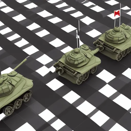 Image similar to 3d render of miniature tank driving over chessboard