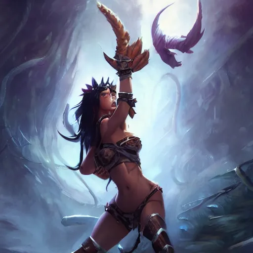 Image similar to nidalee from league of legends, epic scene, paint by Raymond Swanland