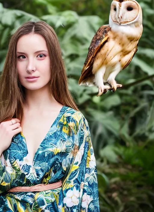 Image similar to portrait photograph of beautiful!!!! young female model, symmetric face!, symmetric eyes, slight smile, natural light, wearing a yellow kimono with a very detailed barn owl! on her shoulder in a tropical greenhouse. looking at the camera!!. super resolution. Extremely detailed. Graflex camera!, bokeh!!!!!.