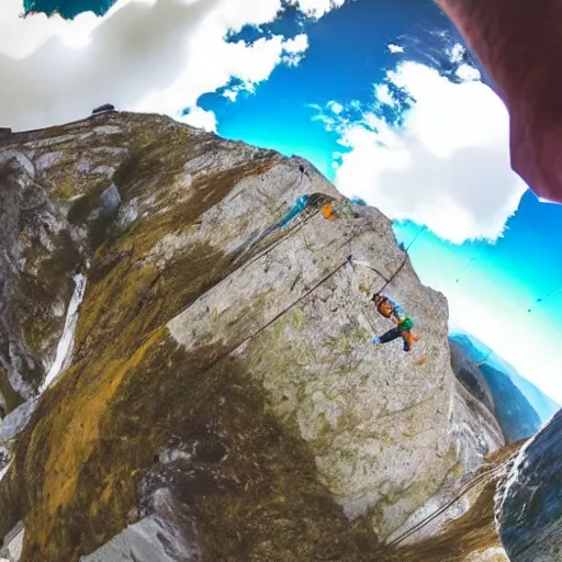 Image similar to free solo climber ascending a mountain. 4k action gopro fisheye lens