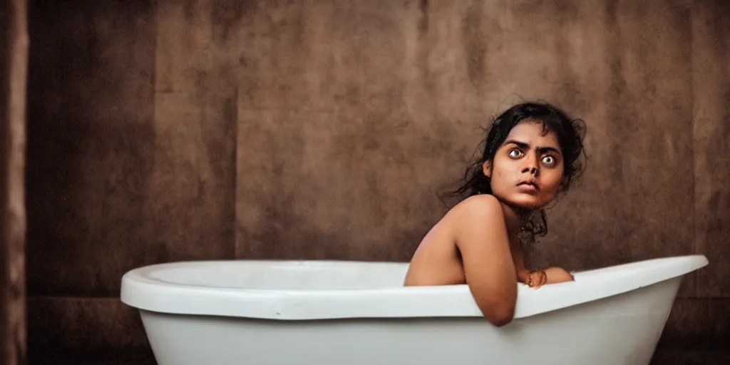 Image similar to sri lankan young woman in a bath tub, film still, thriller movie style