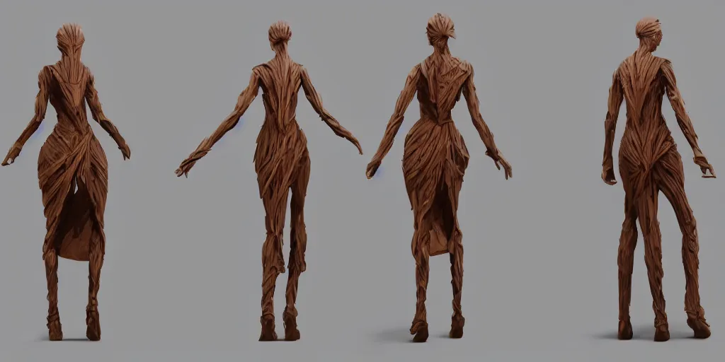 Image similar to wooden woman design, character sheet, 3d render, Greg Rutkowski, Zabrocki, Karlkka, Jayison Devadas, Phuoc Quan, trending on Artstation, 8K, ultra wide angle, zenith view, pincushion lens effect