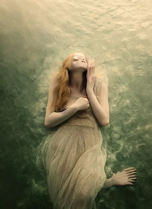 Image similar to Kodak Portra 400, 8K, soft light, volumetric lighting, highly detailed, britt marling style 3/4 by Martin Stranka , portrait photography of a beautiful woman with her eyes closed,inspired by Ophelia by Martin Stranka, the face emerges from water of Pamukkale, underwater face, anatomical real full body dressed ethereal lace dress floating in water surface , the hair are intricate with highly detailed realistic beautiful brunches and flowers like crown, Realistic, Refined, Highly Detailed, soft blur background, outdoor soft pastel lighting colors scheme, outdoor fine art photography, Hyper realistic, photo realistic