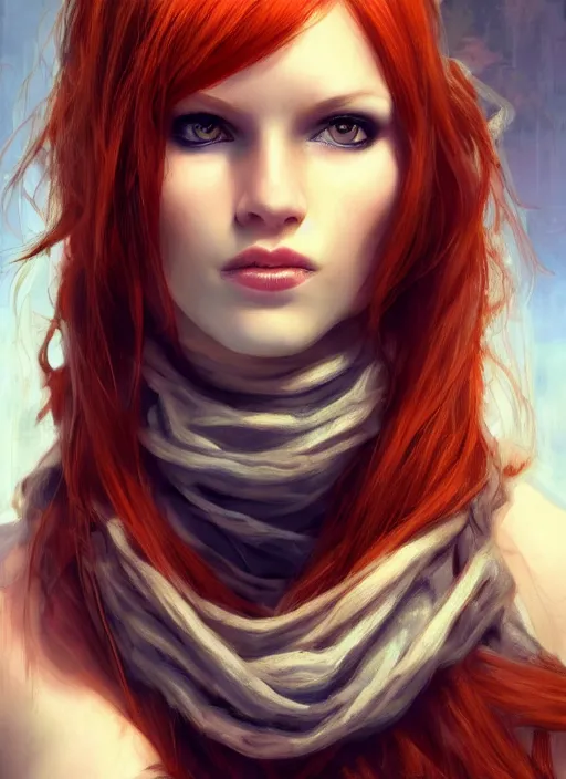 Image similar to Beautiful redhead girl which chest wrapped in bandages, portrait, fantasy, medieval, vivid colors, fantasy, elegant, concept art, sharp focus, beautiful face, digital art, Hyper-realistic, 4K, Unreal Engine, Highly Detailed, HD, Dramatic Lighting by Brom, trending on Artstation