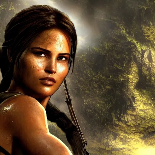 Image similar to dew, dew covers lara croft's face, focus on her face, sunlight