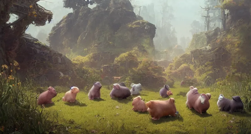 Image similar to ultra realistic cute guineapigs everywhere, by simon stalenhag, frank frazetta, greg rutkowski, beeple, yoko taro, christian macnevin, wlop and krenz cushart, epic fantasy character art, volumetric outdoor lighting, midday, high fantasy, cgsociety, cheerful colours, full length, exquisite detail, post - processing, masterpiece, cinematic