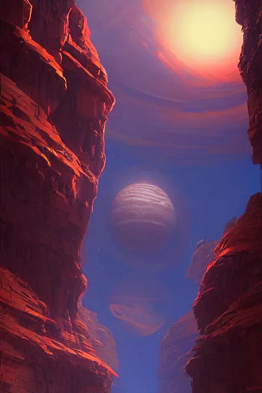 Image similar to big tibetan temple glowing orange in canyon, lightstreaks and planets in the sky, dramatic lighting, artstation, matte painting, ralph mcquarrie, simon stalenhag