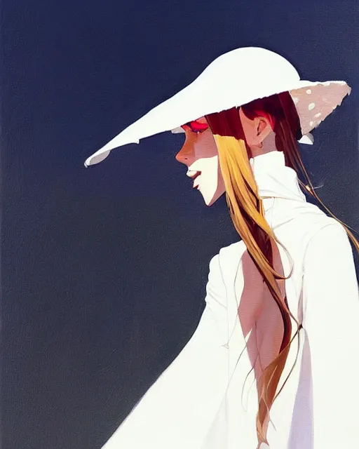 Image similar to a ultradetailed beautiful painting of a stylish woman wearing a white dress with a sun hat, by conrad roset, greg rutkowski and makoto shinkai trending on artstation