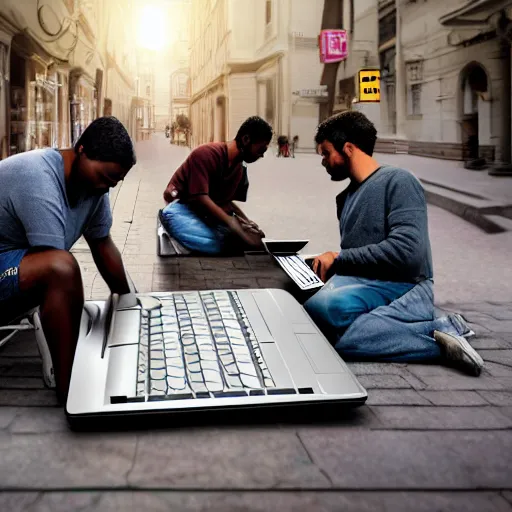 Image similar to a group of realistic bums using laptops near on street, highly detailed, intricate, sharp focus, digital art, 8 k