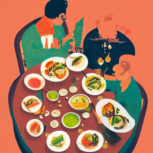 Image similar to illustration of the best meal, by Victo Ngai and James Gilleard and Bruce Pennington