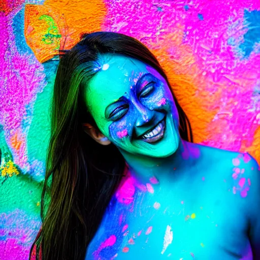 Prompt: a fullbody potrait photo of a female smiling, painted her body with ultraviolet paint, 5 0 mm lens, f 1. 4, sharp focus, ethereal, emotionally evoking, head in focus, volumetric lighting, 8 k