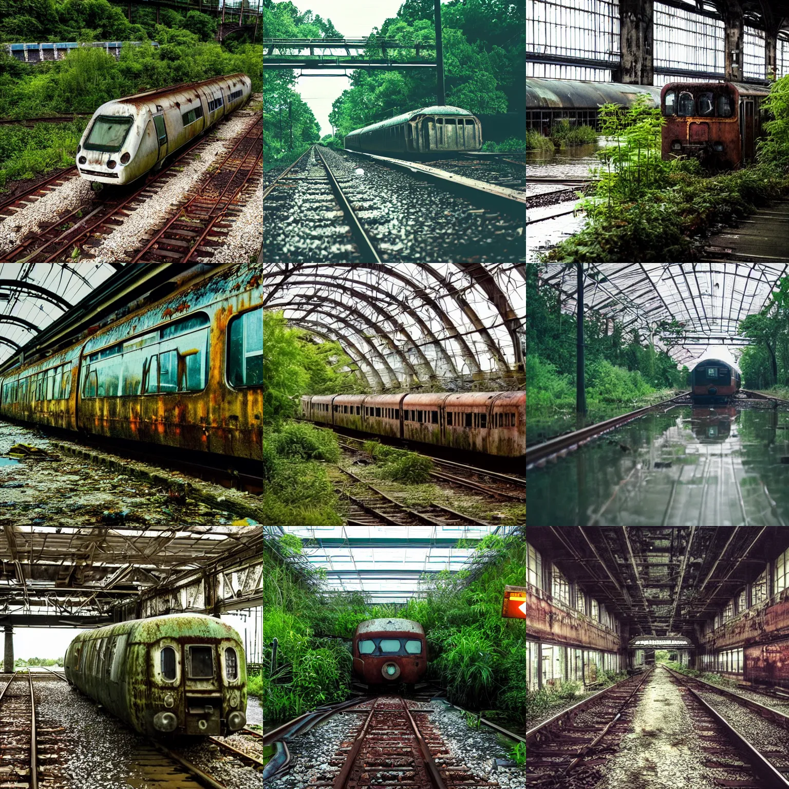 Prompt: an abandoned rusted!!!!!!!!!! train, alone, in an empty dark flooded train station, overgrown with aquatic plants