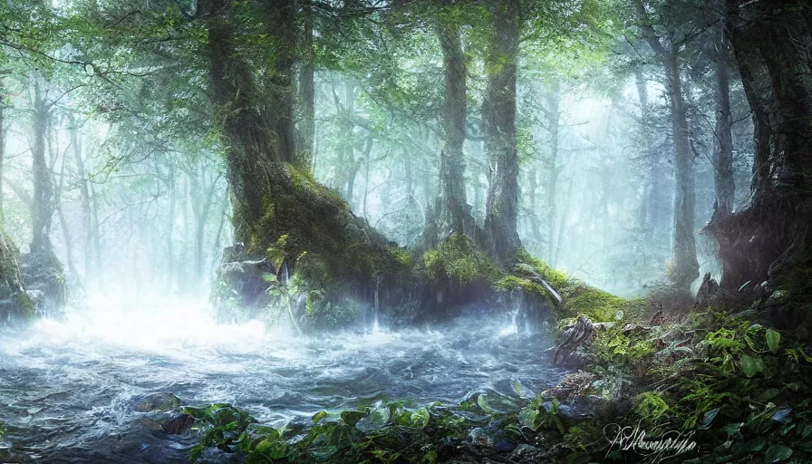 Image similar to high definition photograph fantasy art, hyper realistic, hyperrealism, luminous water, woody foliage, 8 k dop dof hdr fantasy forest art, by aleski briclot and alexander'hollllow'fedosav and laura zalenga