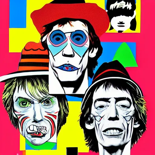 Image similar to a man with a hat, and a t - shirt with a rolling stones picture, carrying a guitar, then around it was written punk writing. pop art style images. symmetrical anatomy. without duplication of images. without repeating the same image. by mel ramos and hariton pushwagner