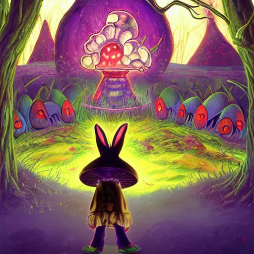 Image similar to 4 k headshot portrait of a psychedelic demonic anthropomorphic bunny rabbit with mushroom themed clothes, magic mushroom village in background by jeff easley, award winning, stylized neon, post - processing, masterpiece, superb resolution. in the art style of junji ito and greg rutkowski. detailed mushroom city in background. hyper realistic anime. perfect art. dalle 2