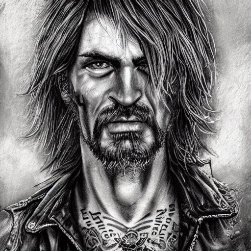 Image similar to portrait painting of an older tattooed biker with shaggy hair in a bar, sharp focus, ultra realistic, concept art, intricate details, eerie, highly detailed, photorealistic, dark, black and white, rpg art vampire the masquerade. art by josh timbrook